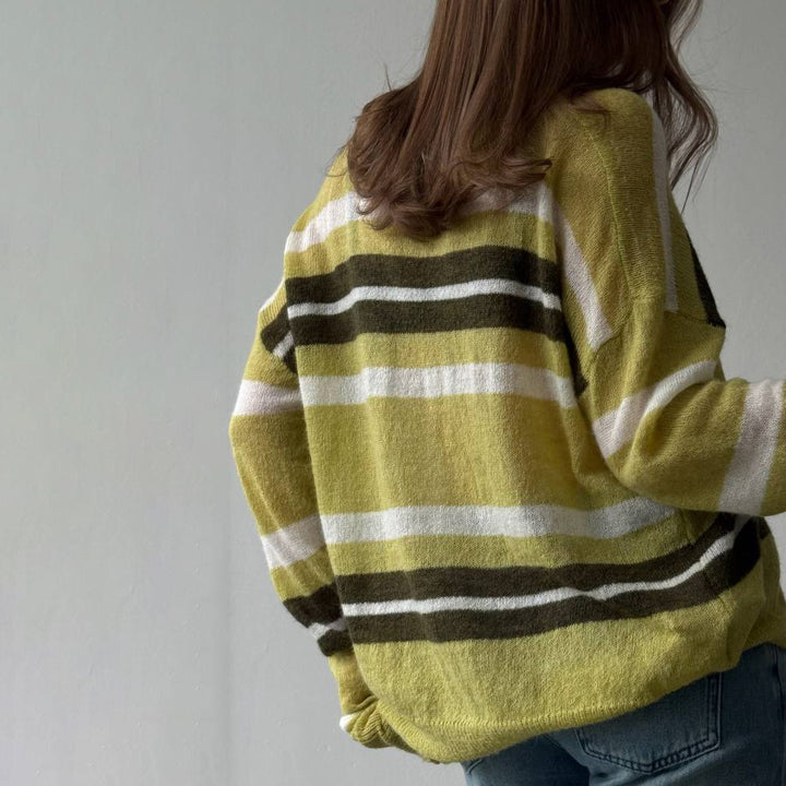 Damen Grob gestrickter Pullover mit Polo-Kragen und Blockstreifen Drune