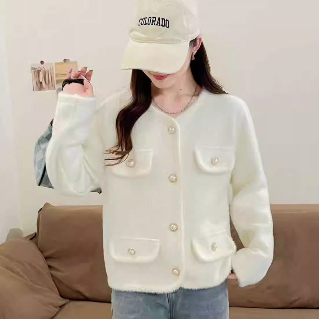 Damen Flauschiger Cardigan mit dekorativen Knopfdetails und praktischen Taschen Drune