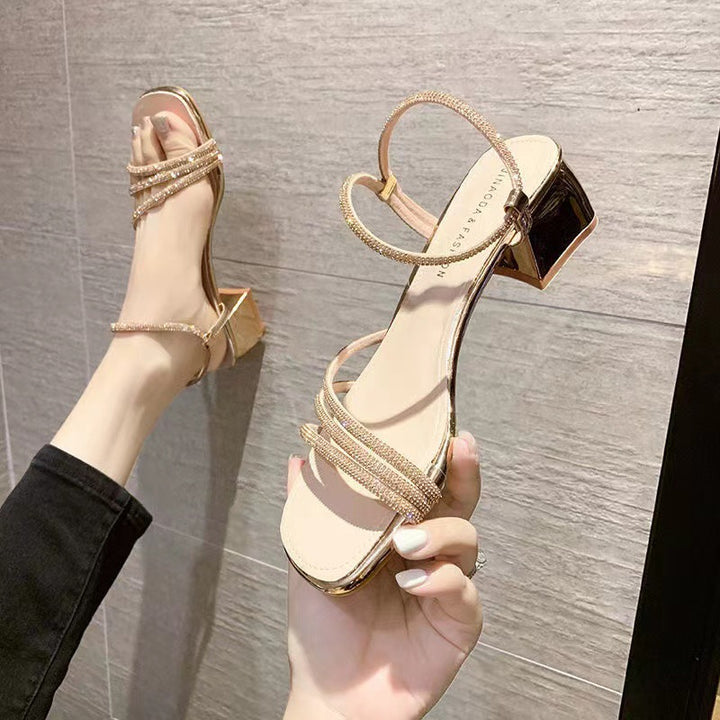 Damen Elegante Strass‑Riemchen Sandaletten mit quadratischer Zehenbox und stabilem Blockabsatz Drune