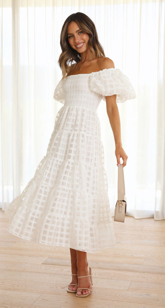 Damen Maxikleid mit luftigen Puffärmeln und gerafftem Oberteil Drune