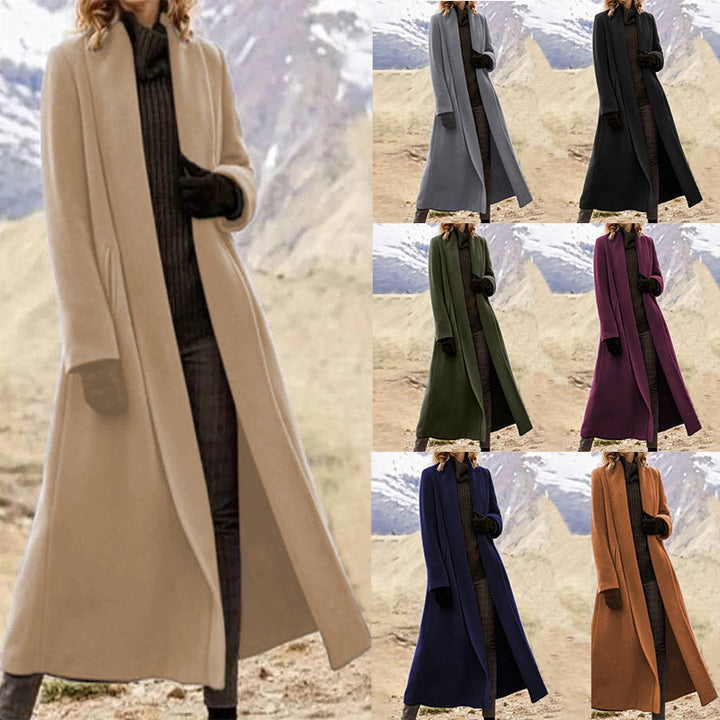 Damen eleganter langer Wollmix-Mantel mit offenem Fall und seitlichen Eingrifftaschen Drune
