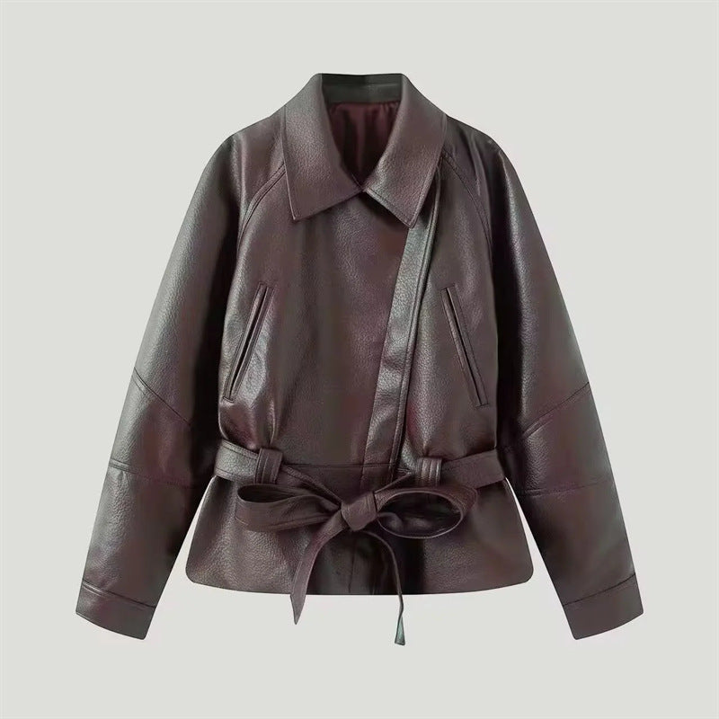 Damen nan taillierte Kunstlederjacke mit Hemdkragen und Bindegürtel Drune
