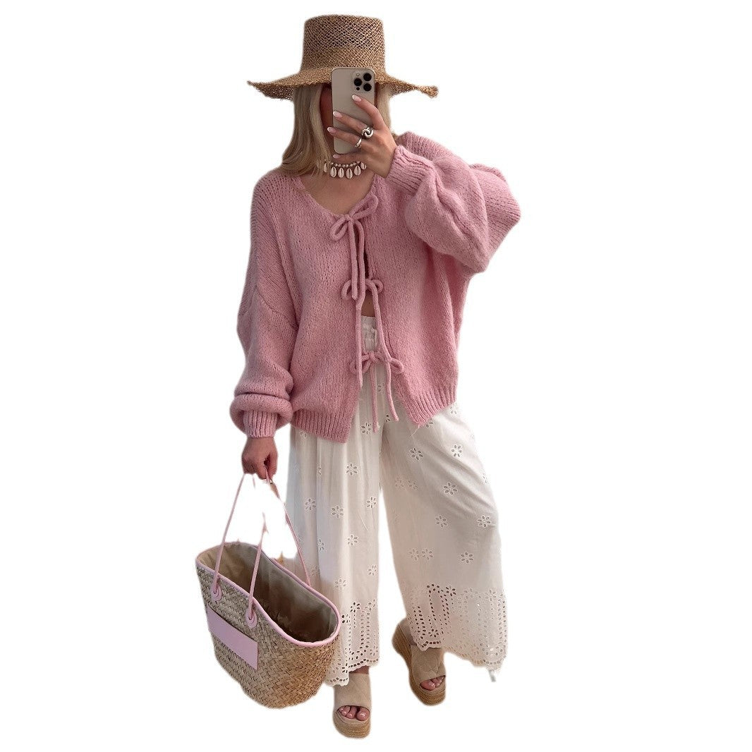 Damen Grobgestrickter Offener Cardigan mit Bindebändern, Oversize‑Silhouette und Raglanärmeln Drune