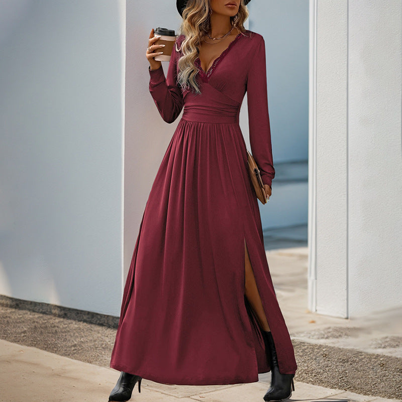 Damen Elegantes Maxikleid mit V-Ausschnitt und hohen Schlitz Drune