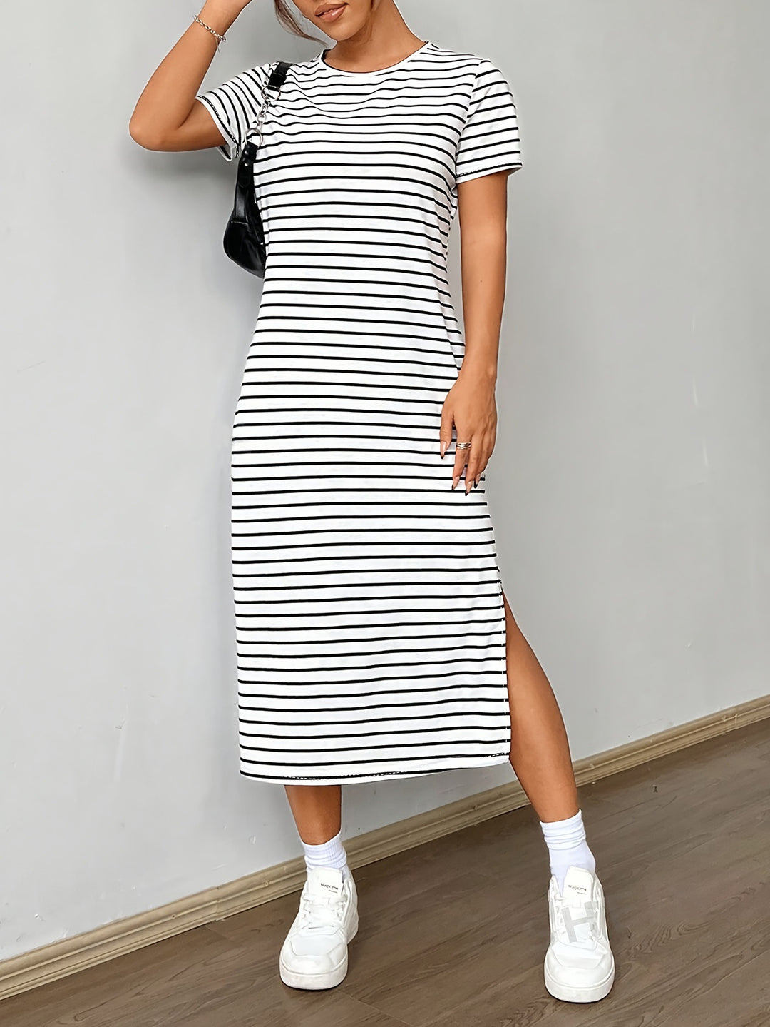 Damen Midi-Kleid mit lässigem Streifenmuster und seitlichem Schlitz Drune