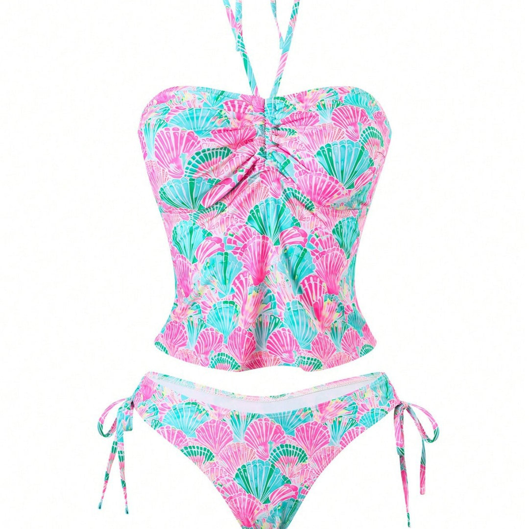 Damen Bandeau-Bikini mit verspieltem Muschelmuster und verstellbaren Trägern Drune