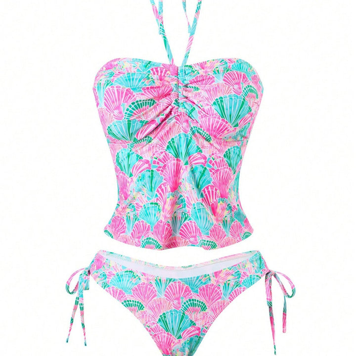 Damen Bandeau-Bikini mit verspieltem Muschelmuster und verstellbaren Trägern Drune