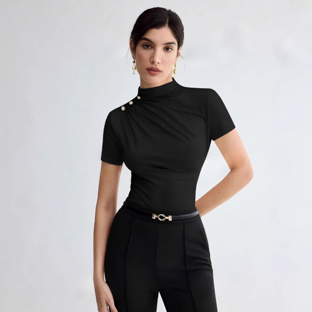 Damen elegantes Oberteil mit dekorativen Knopfdetails und modernem Stehkragen Drune