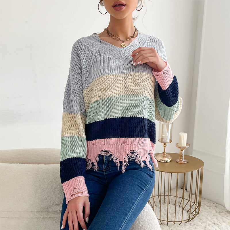 Damen Oversize Strickpullover mit V‑Ausschnitt, Streifenmuster und ausgefranstem Saum Drune
