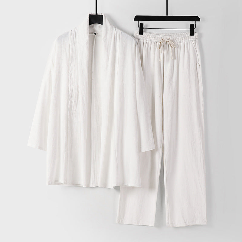 Unisex Lässiges Kimono-Zweiteiler aus atmungsaktivem Leinen-Viskose mit offenem Schalkragen und Kordelbundhose Drune