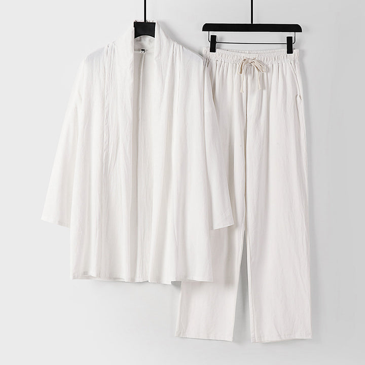Unisex Lässiges Kimono-Zweiteiler aus atmungsaktivem Leinen-Viskose mit offenem Schalkragen und Kordelbundhose Drune
