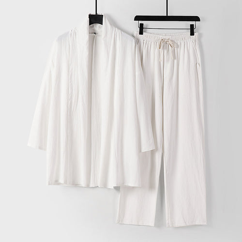 Unisex Lässiges Kimono-Zweiteiler aus atmungsaktivem Leinen-Viskose mit offenem Schalkragen und Kordelbundhose Drune