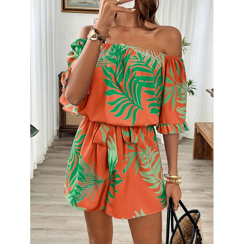Damen Off-Shoulder Jumpsuit mit floralem Design und elastischem Bund Drune