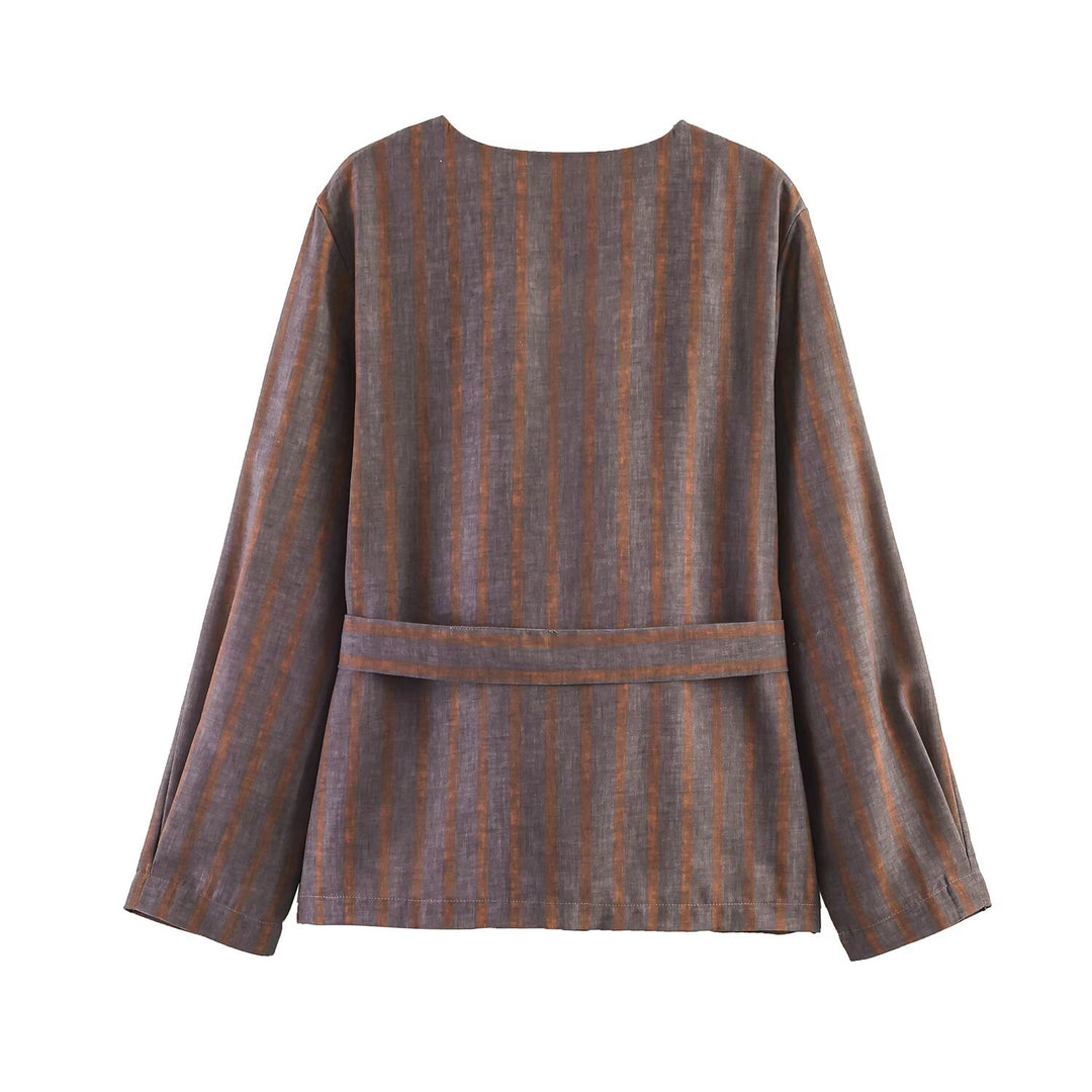 Damen Zweiteiliges Leinen-Set mit Bindegürteljacke und elastischer High-Waist-Hose Drune