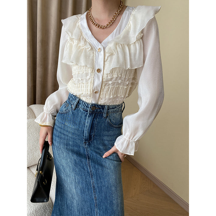 Damen Rüschenbluse aus leichtem Stoff mit dekorativen Knopfdetails und voluminösen Ärmeln Drune