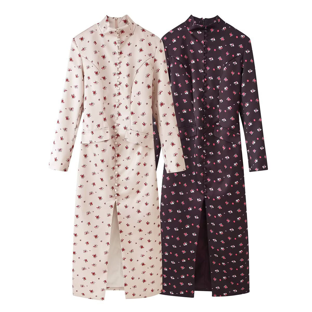 Damen Midikleid mit Stehkragen, floraler Allover‑Print und verdeckter Knopfleiste Drune