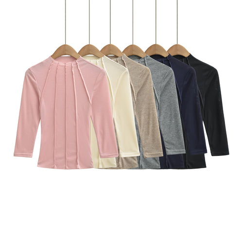 Damen Figurbetontes Langarmshirt mit Stehkragen und Zier-Volants Drune