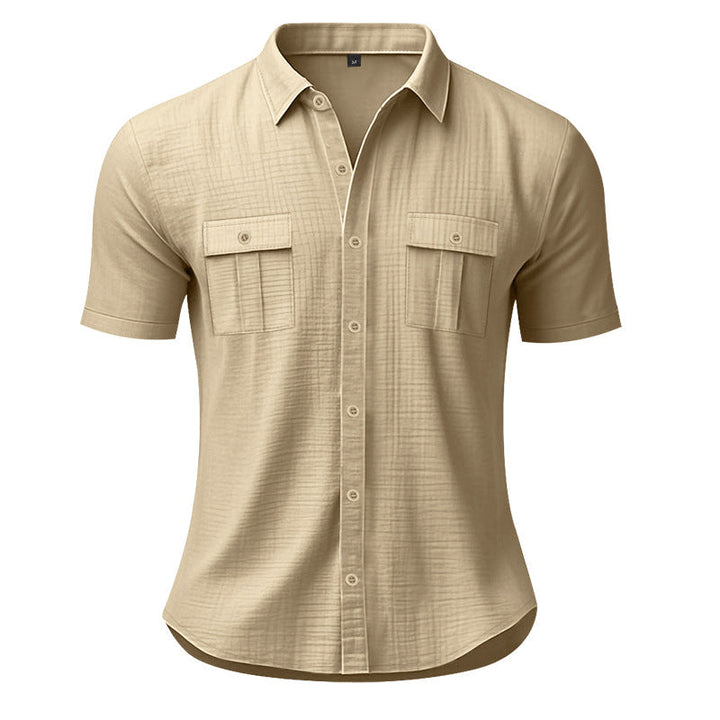 Herren nan leichtes strukturiertes Kurzarm-Hemd mit Brustklappen und durchgehender Knopfleiste Drune
