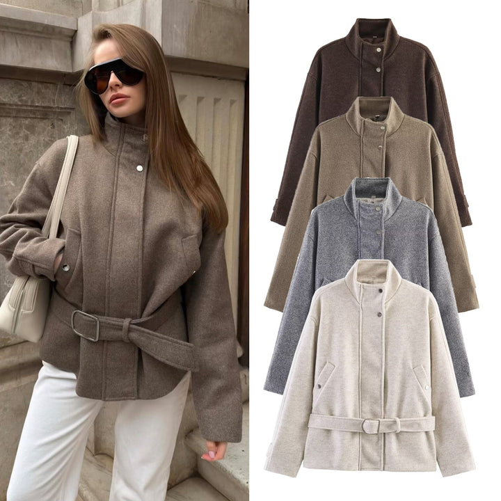 Damen Gekürzte Wollmix-Jacke mit Stehkragen, Taillengürtel und Druckknopfverschluss Drune
