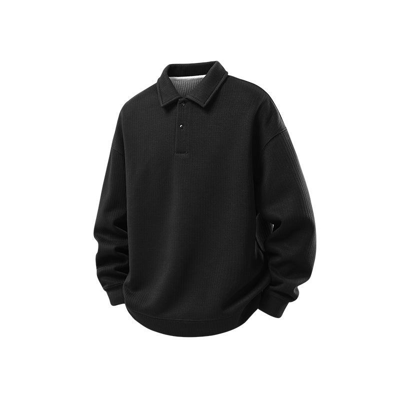 Herren Oversize Waffelstruktur-Polopullover mit halber Knopfleiste und gerippten Bündchen Drune