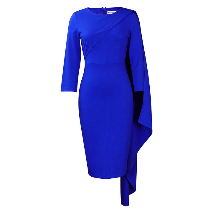Damen elegantes Midikleid mit asymmetrischem Cape-Design und Langarm Drune