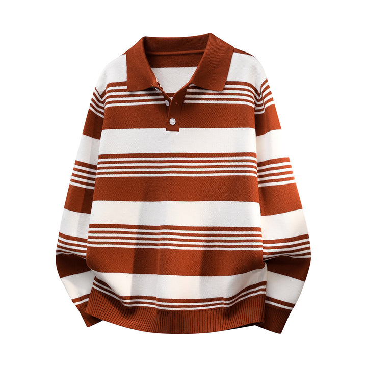 Damen Oversize Langarm-Polo-Strickpullover mit Retro-Streifen und Brustknopfleiste Drune