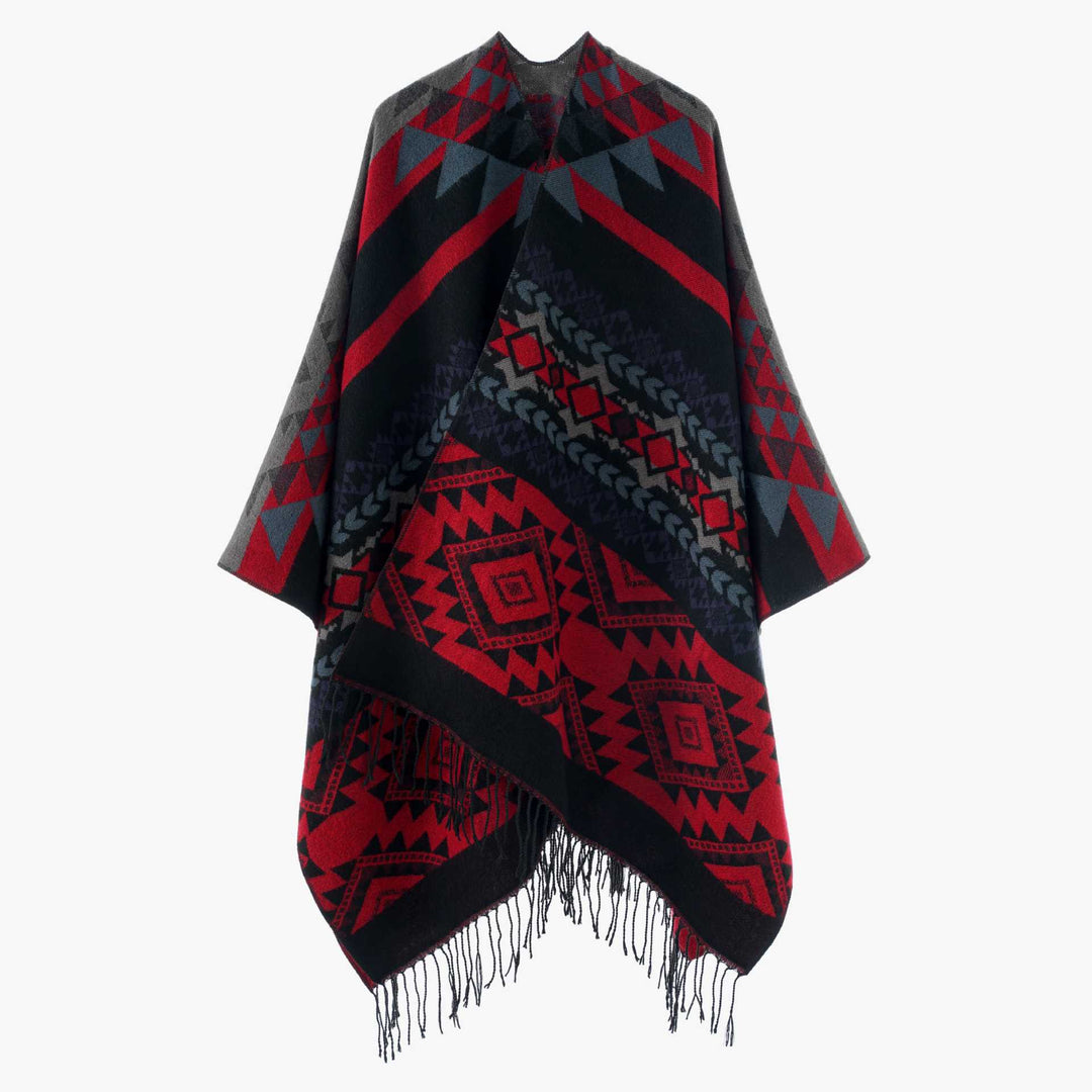 Damen Oversize Jacquard‑Überwurf im Ethno‑Muster mit Fransen Drune