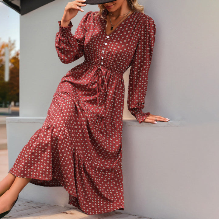 Damen Midikleid im Boho-Stil mit V-Ausschnitt, durchgehender Knopfleiste, Kordel-Taille und mehrstufigem Volantrock Drune