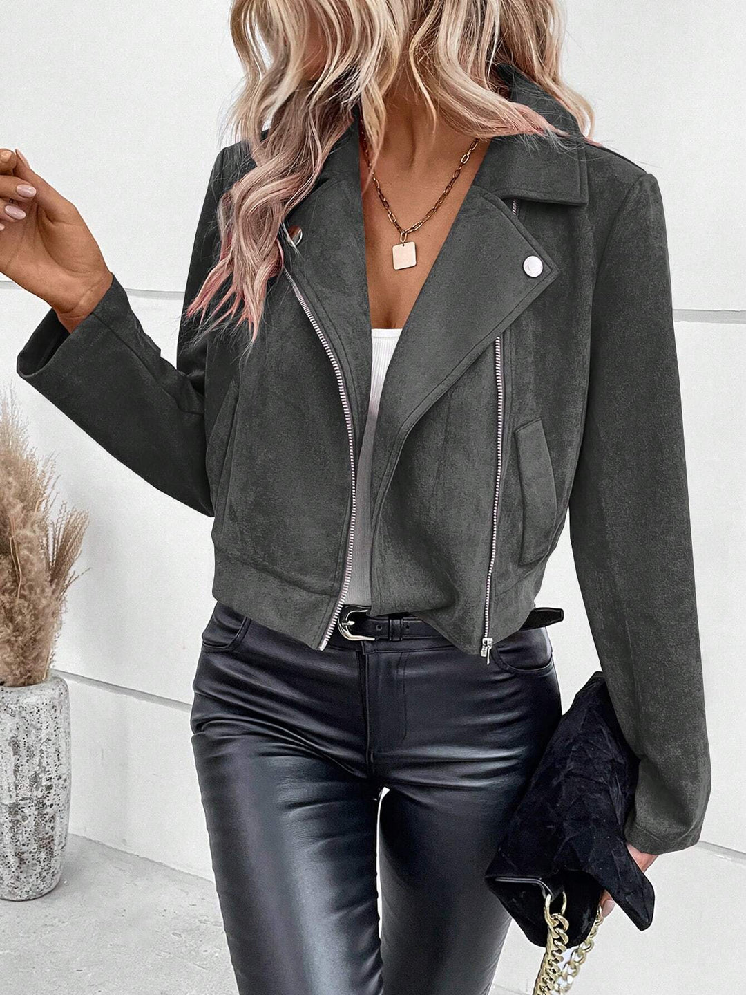 Damen Stylische Bikerjacke aus Kunstleder mit asymmetrischem Reißverschluss Drune