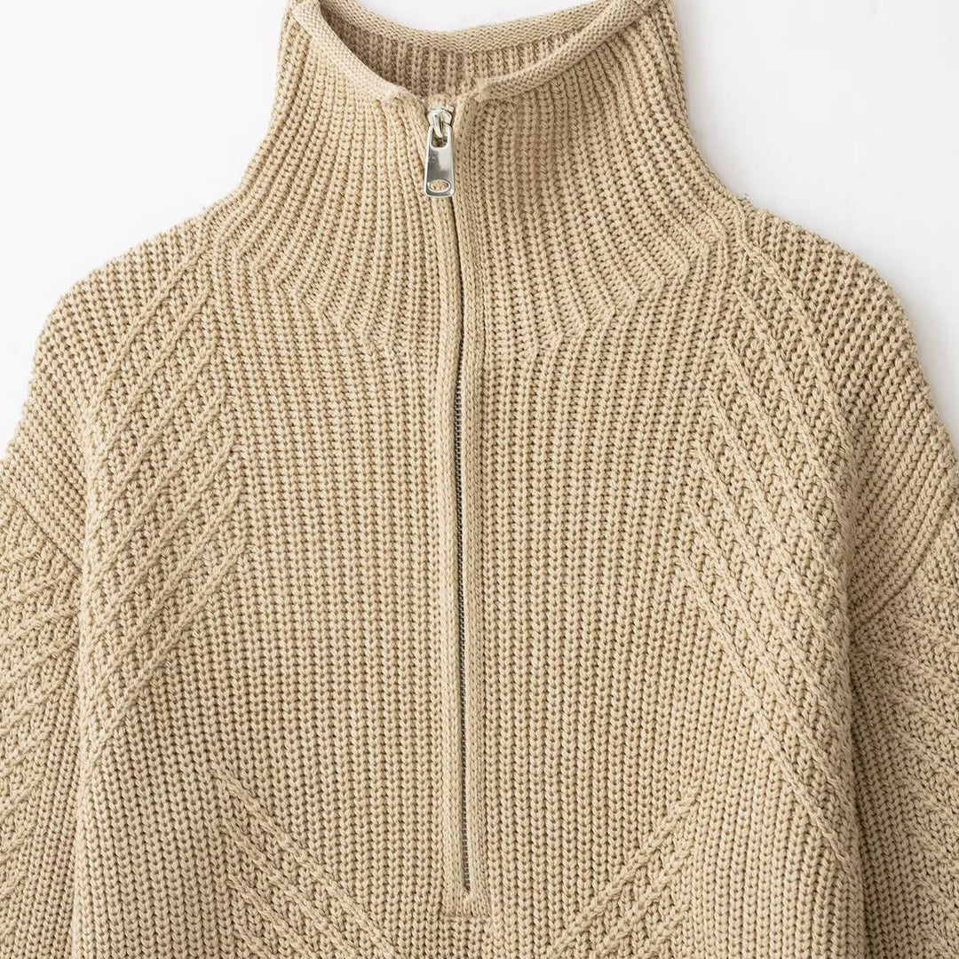 Damen Grobstrick-Pullover mit halbem Reißverschluss und hohem Stehkragen Drune