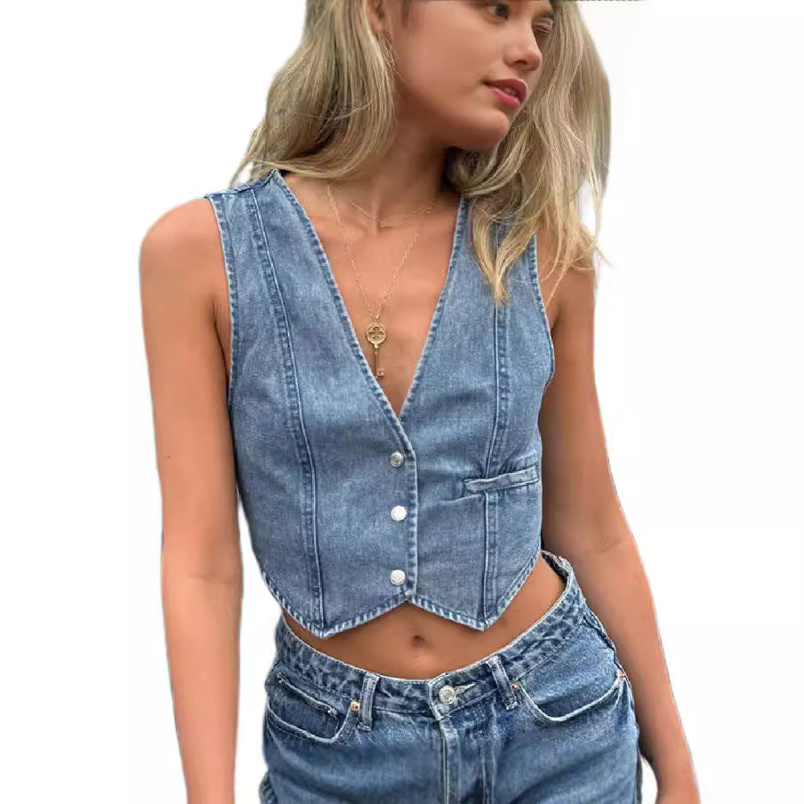 Damen Jeansweste mit elegantem Schnitt und Knopfdetails Drune