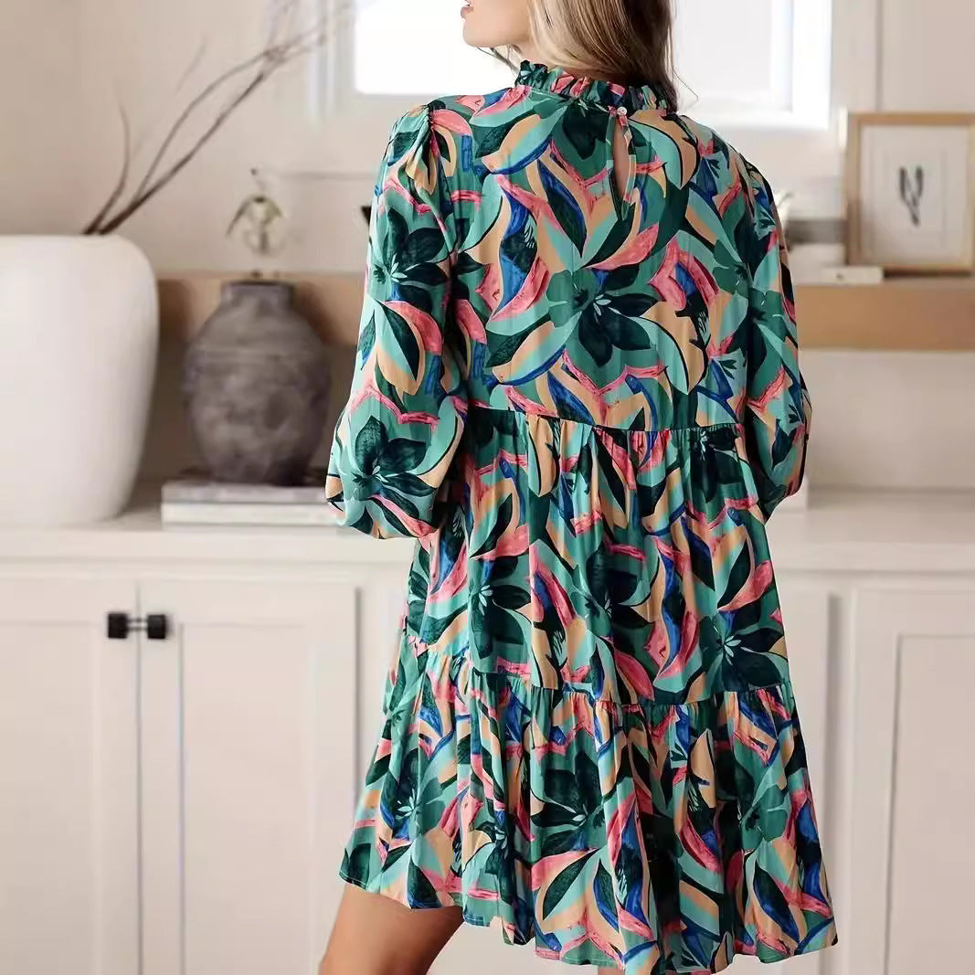 Damen luftiges Retro-Kleid mit voluminösen Ärmeln und weiten Falten Drune