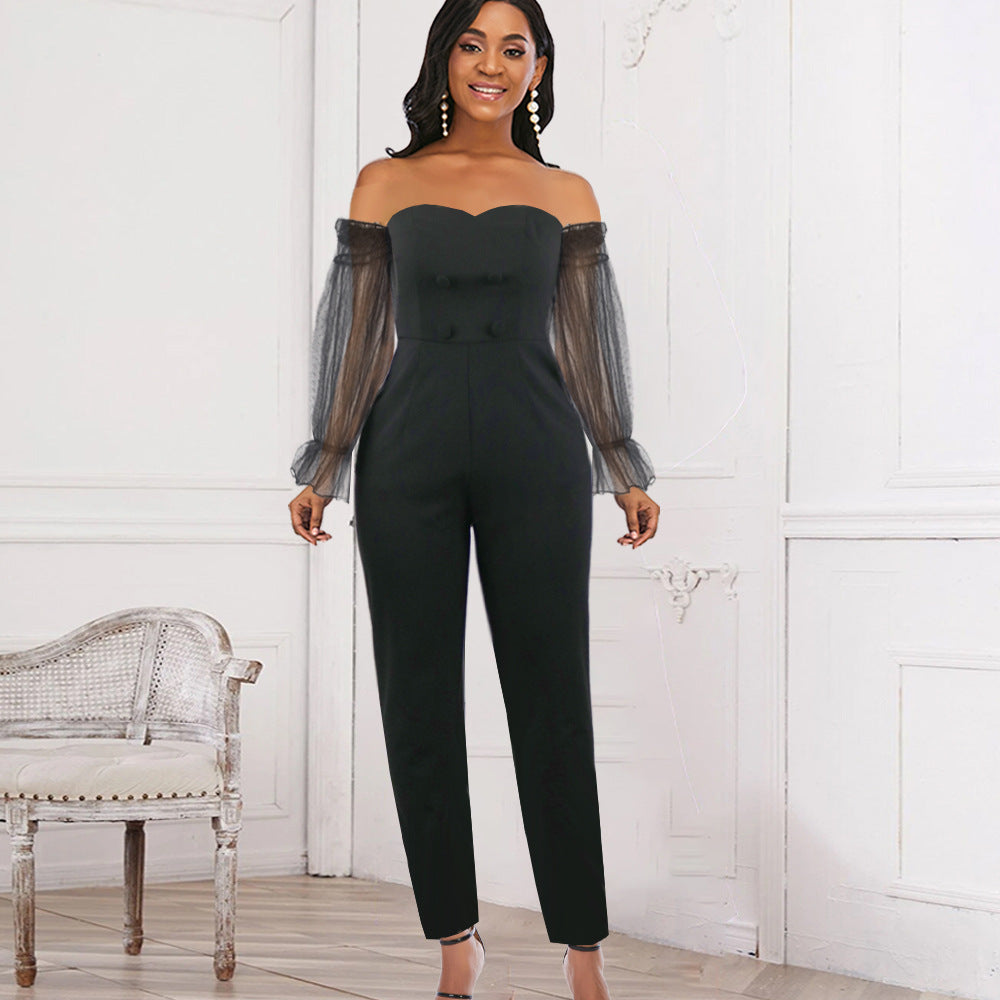Damen eleganter Jumpsuit mit transparenten Puffärmeln Drune
