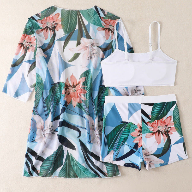 Damen Strandset mit floralem Kimono, Oberteil und Shorts Drune