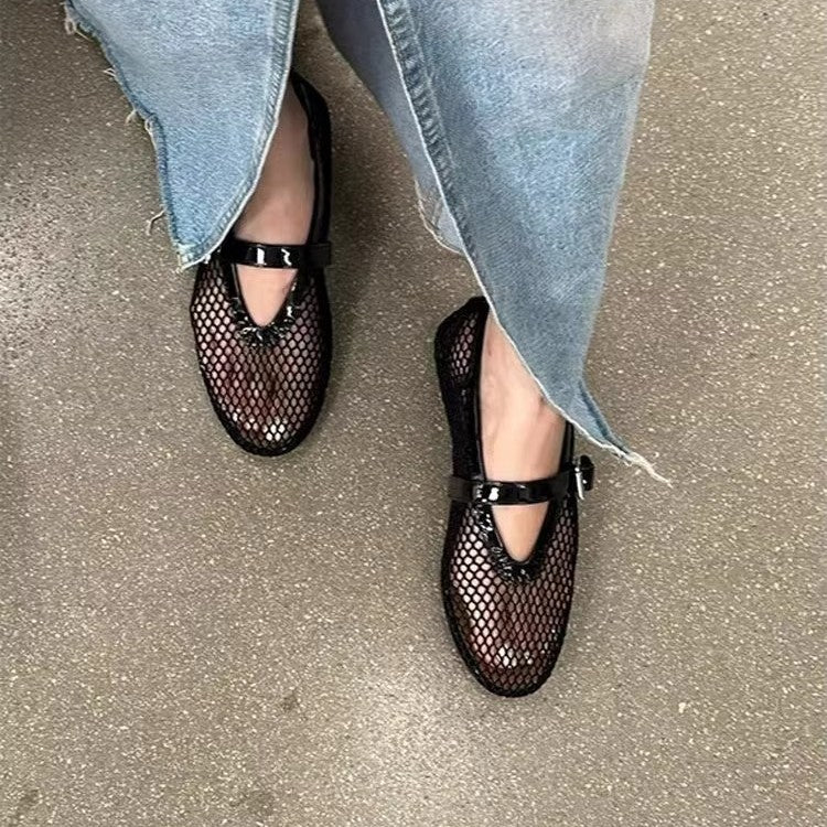Damen Atmungsaktive Mary‑Jane‑Ballerinas mit Netz‑Mesh‑Obermaterial und verstellbarem Schnallenriemen Drune