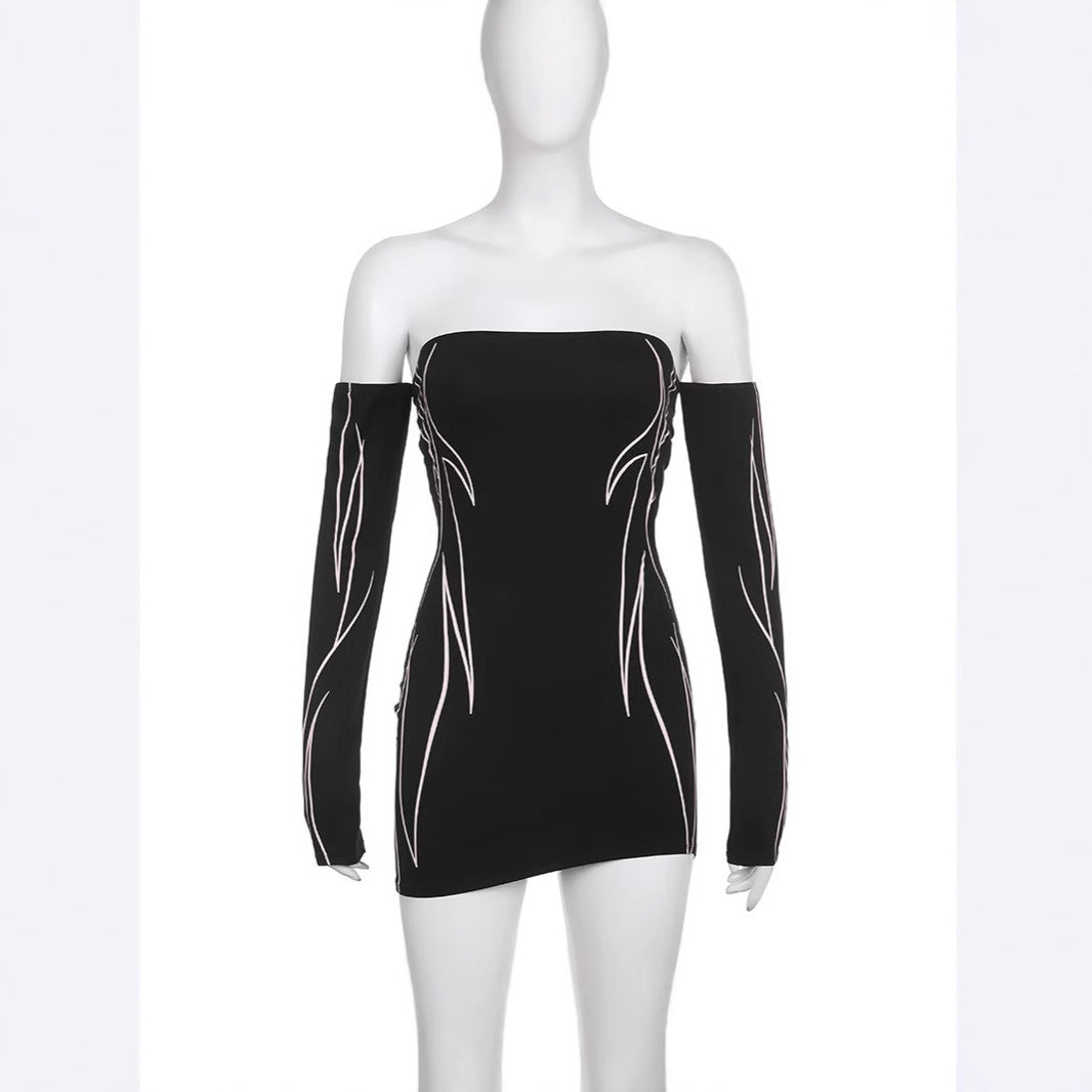 Damen elegantes Off-Shoulder Kleid mit langen Ärmeln Drune