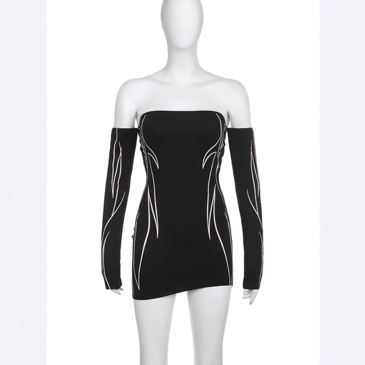 Damen elegantes Off-Shoulder Kleid mit langen Ärmeln Drune