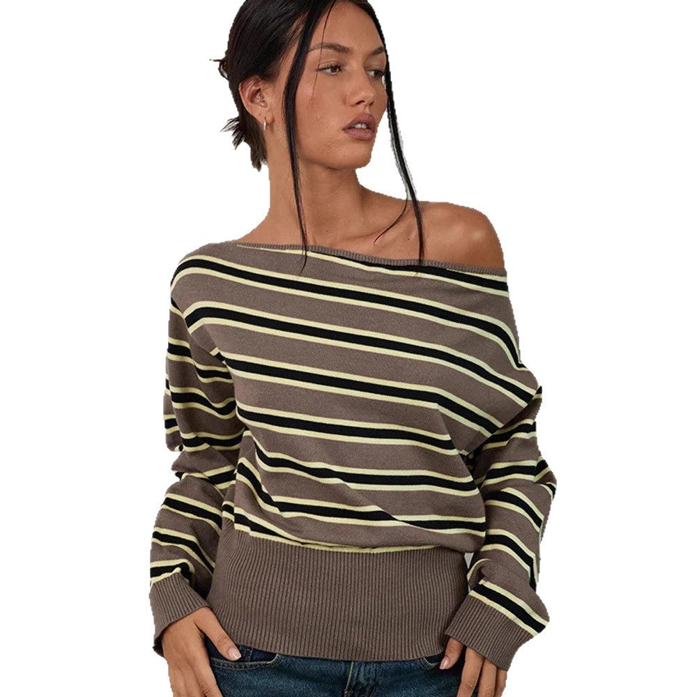 Damen Feinstrick-Boatneck-Pullover mit asymmetrischem Schulterfall, breitem Rippbund und lässigen Ballonärmeln Drune