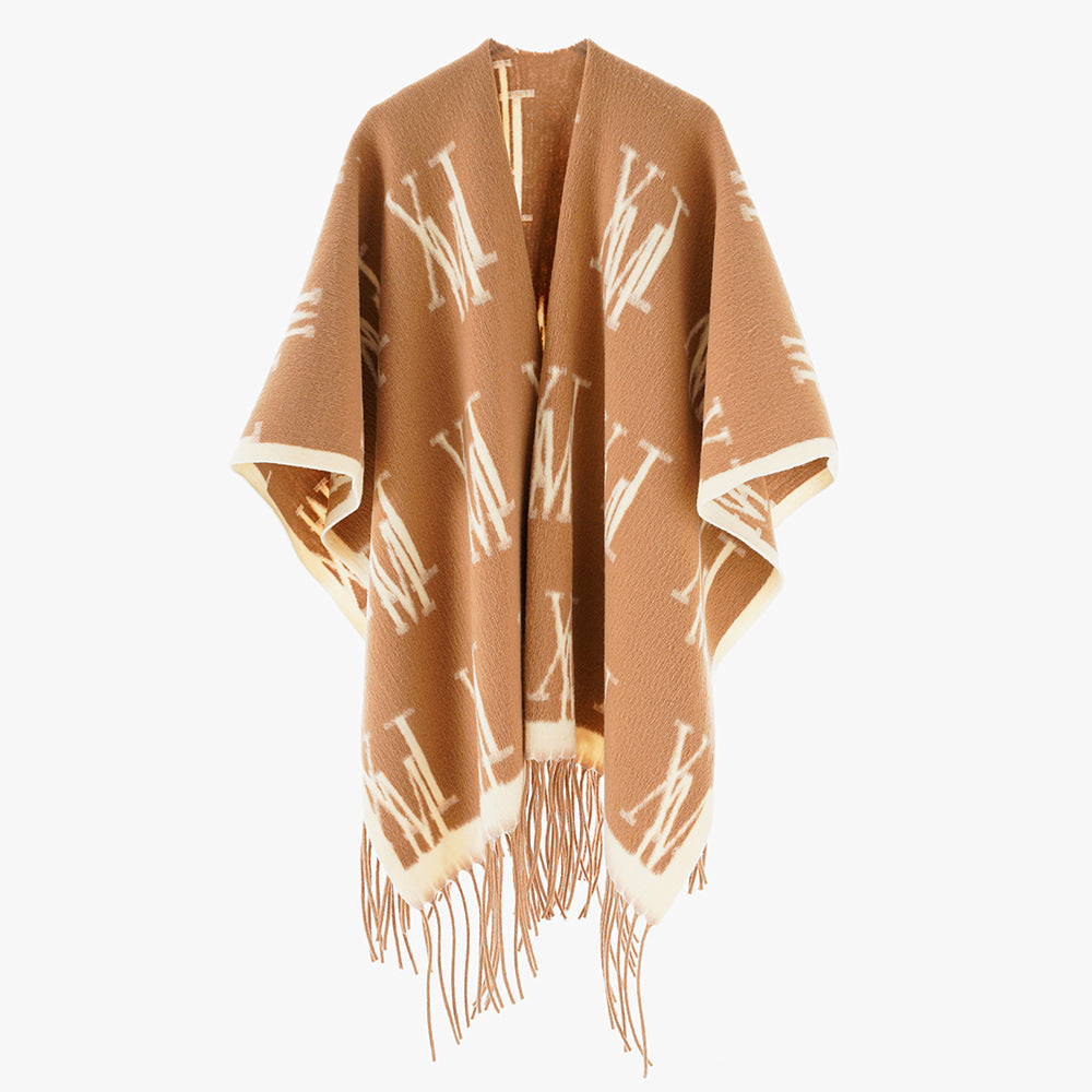 Damen Oversize-Monogramm-Capeponcho aus Wollmix mit Fransensaum Drune