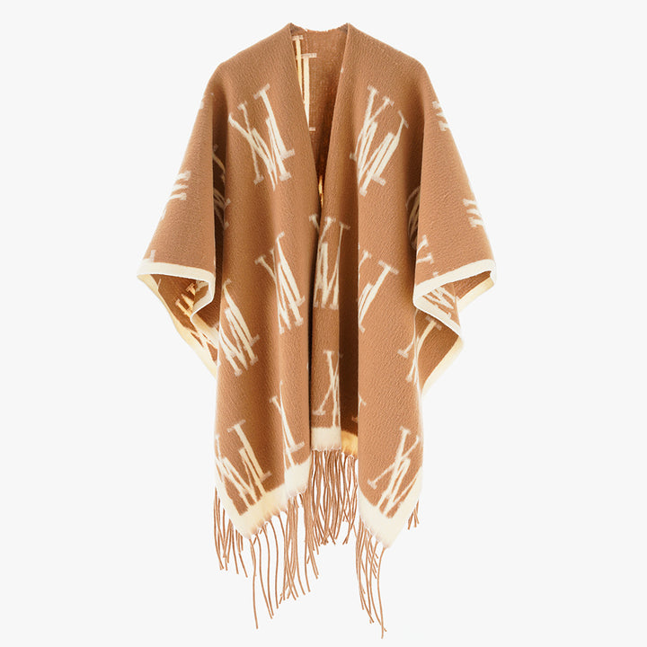 Damen Oversize-Monogramm-Capeponcho aus Wollmix mit Fransensaum Drune