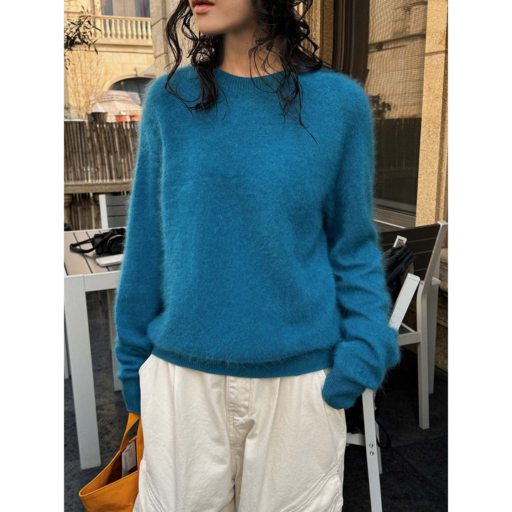 Damen Weicher Fluffy-Strickpullover mit feinem Rundhalsausschnitt und geripptem Saum Drune