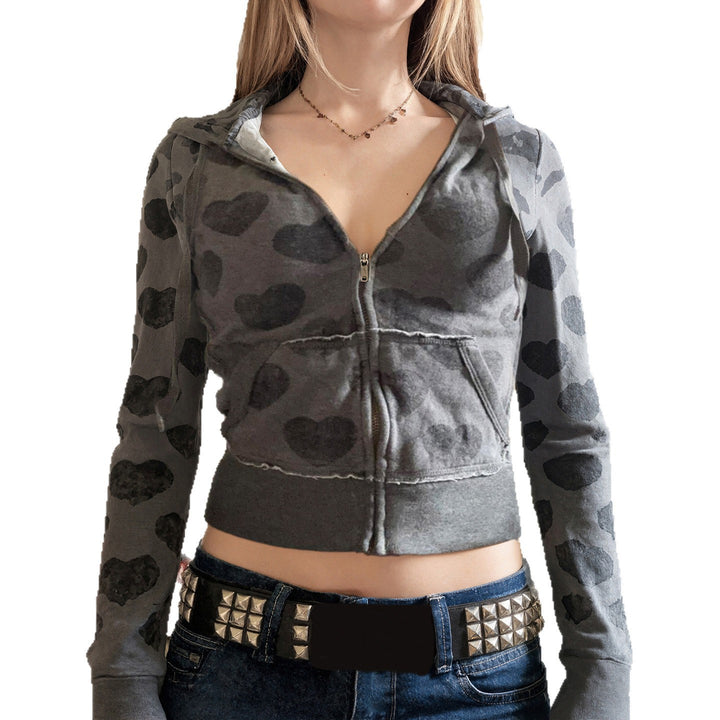 Damen Kurze Kapuzenjacke mit Reißverschluss, Kängurutasche und Allover-Herzmuster Drune