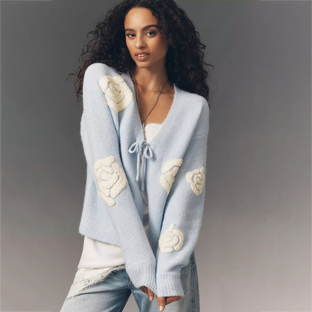 Damen Kuscheliger Mohair-Cardigan mit Zierblumen-Applikationen Drune
