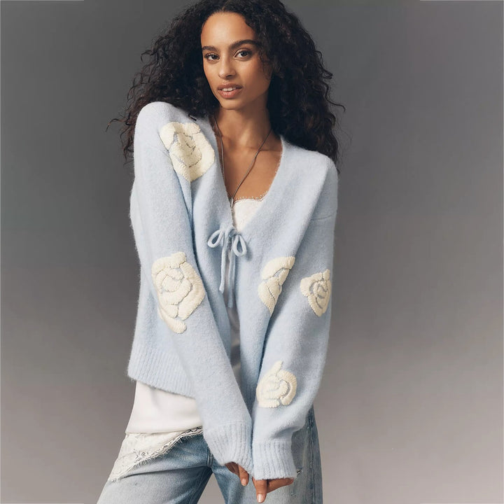 Damen Kuscheliger Mohair-Cardigan mit Zierblumen-Applikationen Drune