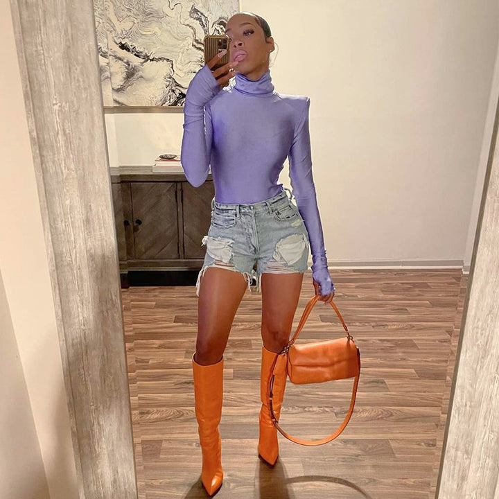 Damen Langarm-Bodysuit mit hohem Kragen und eleganten Raffungen Drune