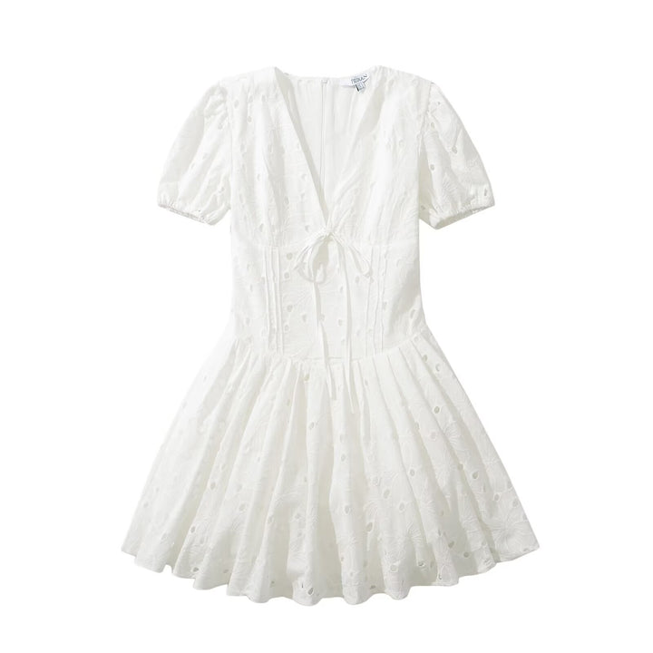 Damen elegantes Sommerkleid mit Blumenstickereien und ausgestellten Ärmeln Drune