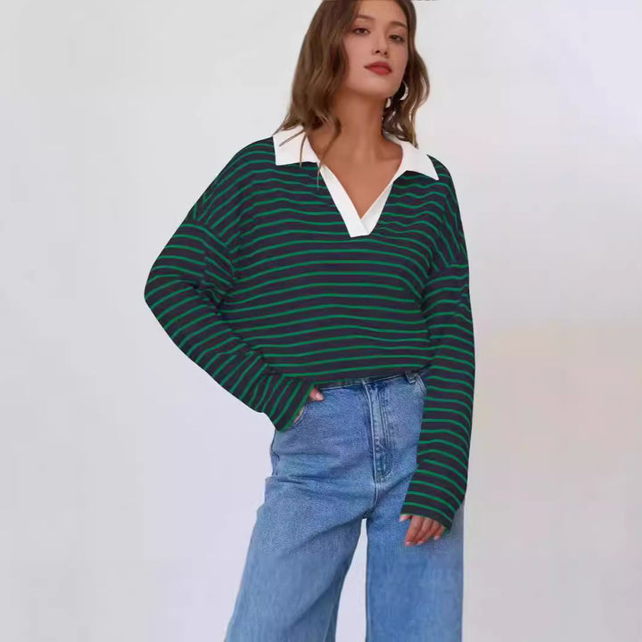 Damen gestreiftes Polo-Shirt mit V-Ausschnitt und kontrastierendem Kragen Drune