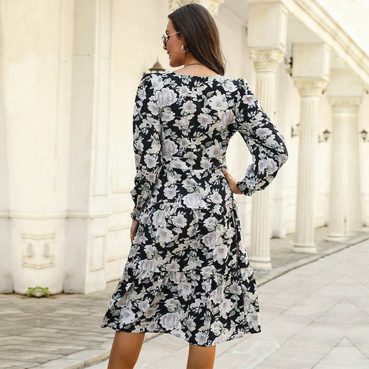 Damen Midikleid mit Stufenrock, V‑Ausschnitt, Taillennaht und gerafften Armabschlüssen Drune