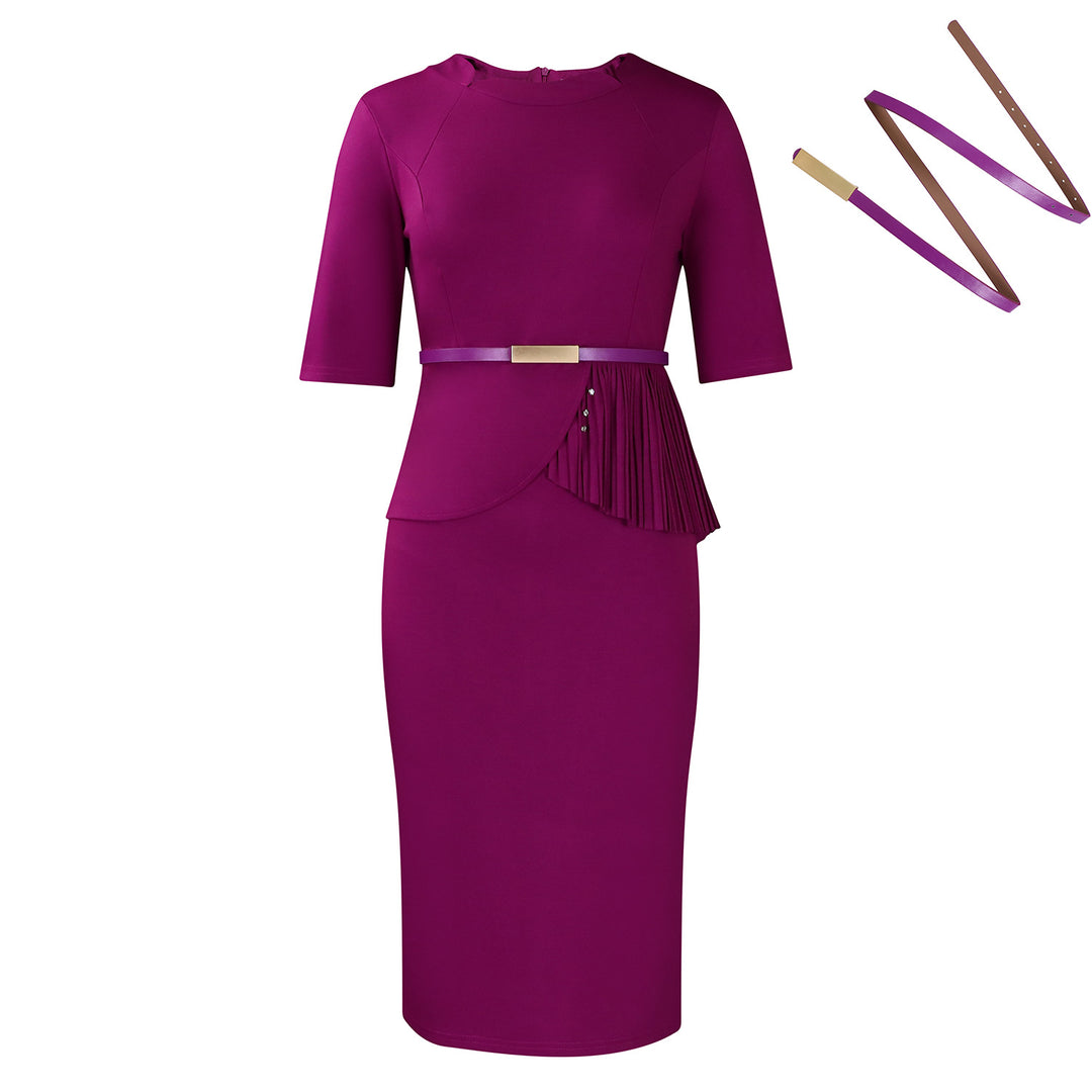 Damen Midi-Kleid mit drapierter Vorderseite und abnehmbaren Taillengürteln Drune