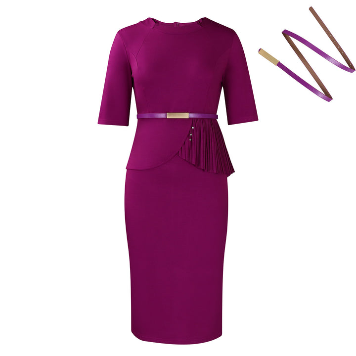 Damen Midi-Kleid mit drapierter Vorderseite und abnehmbaren Taillengürteln Drune